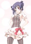  1girl character_request frapowa hands_on_hips love_live!_school_idol_project purple_hair red_eyes short_hair smile solo striped striped_legwear thigh-highs vertical-striped_legwear vertical_stripes 