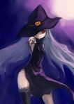  1girl absurdres bare_shoulders black_dress black_legwear dress halloween halterneck hat hat_over_one_eye highres johan_(johan13) long_hair original pointing pointing_at_viewer red_eyes side_slit silver_hair single_thighhigh sleeveless sleeveless_dress small_breasts solo thigh-highs very_long_hair witch_hat 
