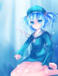  1girl aqua_eyes barefoot blue_eyes blue_hair bubble collarbone dress floating_hair floating_object hair_bobbles hair_ornament hat highres hoodie jewelry kawashiro_nitori key key_necklace light_rays long_sleeves looking_at_viewer necklace shirt sitting skirt skirt_set smile solo sunlight touhou twintails underwater wet wet_clothes 