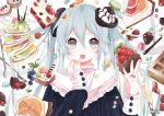  1girl aqua_eyes aqua_hair aqua_nails artist_name bust cake candy chocolate face food food_as_clothes fruit hatsune_miku long_hair looking_at_viewer m&amp;m&#039;s mia0309 nail_polish open_mouth solo strawberry twintails vocaloid white_background 