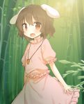  1girl animal_ears bamboo bamboo_forest black_hair blush bunny_tail carrot forest highres inaba_tewi jewelry light looking_at_viewer nature necklace open_mouth puffy_sleeves rabbit_ears red_eyes shinoba shirt short_hair short_sleeves skirt smile solo tail touhou vest 