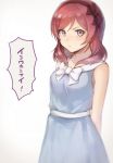  1girl alternate_costume bangs blue_dress blush bow dress hair_bow hairband looking_at_viewer love_live!_school_idol_project nishikino_maki pout redhead short_hair sleeveless solo swept_bangs translation_request veryberry00 violet_eyes 