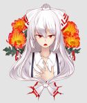  bow flower fujiwara_no_mokou grey_background hair_bow hand_on_own_chest long_hair open_mouth red_eyes simple_background suspenders touhou white_hair yes_warabi 