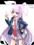 1girl animal_ears blazer dated hand_on_hip highres long_hair namauni necktie open_mouth pointing pointing_up purple_hair rabbit_ears red_eyes reisen_udongein_inaba skirt smile solo touhou very_long_hair 