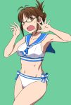  1girl akizuki_ritsuko antenna_hair brown_eyes brown_hair green-framed_glasses green_background highres idolmaster midriff navel open_mouth puge sailor_swimsuit_(idolmaster) solo sweatdrop 