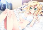  bare_legs bare_shoulders bed blonde_hair blush bra breasts friends_(aile) game_cg green_eyes hair_ornament hair_ribbon hairpin kamiya_maneki knees_together_feet_apart lace-trimmed_bra lace-trimmed_panties legs_together lingerie long_hair lying mogami_yui navel on_back panties ribbon sweat two_side_up underwear underwear_only 