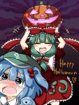  2girls blue_hair blush blush_stickers bow closed_eyes dress english frilled_skirt frills front_ponytail full-face_blush green_hair hair_bobbles hair_bow hair_ornament hair_ribbon halloween happy_halloween hat heart kagiyama_hina kawashiro_nitori long_hair multiple_girls nose_blush open_mouth pocket puffy_short_sleeves puffy_sleeves pumpkin red_dress ribbon rokunen running scared short_hair short_sleeves short_twintails skirt smile tearing_up touhou twintails wrist_ribbon 