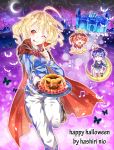  ahoge akuma_no_riddle apple azuma_tokaku bat blonde_hair blue_eyes blue_hair bowtie butterfly castle clothes crown dress food fruit halloween halloween_costume hashiri_nio ichinose_haru moon multiple_girls one_eye_closed open_mouth princess priyaphr pumpkin red_eyes redhead short_hair star tiara 