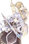  2girls blonde_hair blue_eyes dual_wielding holding long_hair looking_at_viewer multiple_girls original sakuragi_kei silver_hair simple_background smile staff sword violet_eyes weapon white_background 