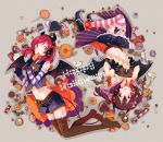  2girls :o :q bat_wings black_hair boots bow candy cape cookie demon_tail detached_sleeves food hair_bow halloween headset horns lollipop love_live!_school_idol_project lunica midriff multiple_girls navel nishikino_maki open_mouth pointed_boots pumpkin red_eyes redhead rotational_symmetry short_hair shorts skirt striped striped_legwear tail thigh-highs thigh_boots tongue tongue_out twintails violet_eyes wings yazawa_nico 