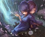  2girls alternate_costume alternate_hairstyle bangs blurry boat breasts dango depth_of_field eyepatch food geeto_gaadian hair_up holding_arm japanese_clothes kantai_collection katana kimono looking_at_another multiple_girls parted_bangs partially_submerged perspective purple_hair short_hair sitting sword tatsuta_(kantai_collection) tenryuu_(kantai_collection) violet_eyes wagashi weapon yellow_eyes 