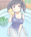  1girl between_legs black_hair blue_eyes blue_swimsuit blush breasts casual_one-piece_swimsuit collarbone food fruit hand_between_legs kantai_collection looking_at_viewer one-piece_swimsuit partially_submerged rubber_duck shijimi_kozou short_hair sitting smile solo souryuu_(kantai_collection) swimsuit twintails wading_pool watermelon 