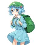  1girl backpack bag blue_eyes blue_hair blush hair_bobbles hair_ornament hat kawashiro_nitori key long_sleeves looking_at_viewer open_mouth shinoba shirt short_hair simple_background skirt solo touhou twintails vest white_background 