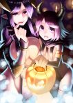  2girls :p breasts doku-chan_(dokkudokudoku) highres hips horns huge_breasts lips long_hair looking_at_viewer multiple_girls open_mouth original pointy_ears purple_hair smile thighs tongue tongue_out violet_eyes 