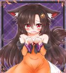  1girl animal_ears bare_shoulders blush brooch brown_hair collarbone dress fang fangs hair_ornament halloween imaizumi_kagerou jack-o&#039;-lantern jewelry long_hair long_sleeves mofu_mofu open_mouth red_eyes solo tail tears touhou translation_request trembling wolf_ears wolf_tail 
