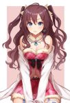  1girl :3 blue_eyes blush breasts brown_hair checkered checkered_shirt checkered_skirt cleavage earrings garter_straps ichinose_shiki idolmaster idolmaster_cinderella_girls jewelry long_hair looking_at_viewer navel off_shoulder pink_skirt skirt smile solo thigh-highs twintails two_side_up veryberry00 