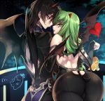  1boy 1girl ass bare_back bat_wings black_hair black_legwear c.c. cheese-kun code_geass creayus demon_horns demon_tail elbow_gloves gloves green_hair holding_arm horns lelouch_lamperouge long_hair looking_back night night_sky open_mouth short_hair sky smile tail tongue tongue_out violet_eyes wings yellow_eyes 
