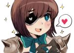  1girl amazora_(terra_battle) blue_eyes blush bow brown_hair eyepatch fingers_together heart heart-shaped_pupils muh_(drawfag) open_mouth short_hair shoulder_pads simple_background smile solo sparkle speech_bubble spikes spoken_heart symbol-shaped_pupils terra_battle white_background 