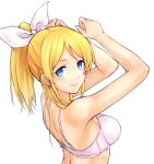  1girl arms_up ayase_eli blue_eyes bra bust from_side hair_ribbon looking_at_viewer love_live!_school_idol_project pink_bra ponytail ribbon short_hair smile solo spitfire99 underwear underwear_only white_background 