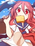  1girl bag contemporary food_in_mouth head_wings koakuma kuresento long_hair mouth_hold red_eyes redhead school_bag school_uniform serafuku solo sweatdrop toast toast_in_mouth touhou 