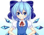  1girl blue_eyes blue_hair bow cirno dress grin hair_bow hands_on_hips ice ice_wings short_hair smile solo touhou wings yagami_(mukage) 