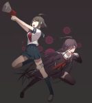  2girls ahoge black_background brown_hair dangan_ronpa fukawa_touko genocider_shou glasses long_hair long_skirt long_sleeves long_tongue megaphone multiple_girls naegi_komaru open_mouth pleated_skirt red_eyes round_glasses school_uniform scissors serafuku short_hair short_sleeves simple_background skirt tally tongue tongue_out veryberry00 zettai_zetsubou_shoujo 