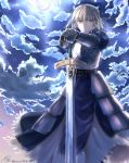  1girl ahoge armor armored_dress blonde_hair clouds dress excalibur fate/stay_night fate_(series) full_moon gauntlets green_eyes hair_ribbon hands_on_hilt highres moon nrbwrbsn planted_sword planted_weapon ribbon saber solo sword weapon 