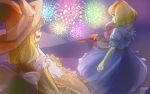  2girls alice_margatroid apron ascot blonde_hair blue_dress capelet couple dress fireworks hairband hat kirisame_marisa knora long_hair multiple_girls open_mouth sash short_hair smile touhou waist_apron witch_hat 