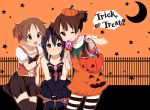  3girls absurdres black_hair brown_eyes brown_hair candy fingerless_gloves gloves halloween highres hirasawa_ui jack-o&#039;-lantern k-on! long_hair multiple_girls nakano_azusa nikkezyoruno pantyhose ponytail short_hair striped striped_legwear suzuki_jun thigh-highs twintails 