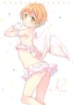  1girl angel_wings ass bare_shoulders bow bra character_name frilled_bra frills gloves happy_birthday hoshizora_rin looking_at_viewer love_live!_school_idol_project miniskirt nerunnn open_mouth orange_hair short_hair simple_background skirt small_breasts solo underwear white_gloves wings yellow_eyes 