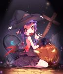  1girl aoi_tsunami bandages black_sclera blood bow braid candy crescent_moon cross demon_wings dress fangs glowing glowing_eyes hair_bow halloween hat highres jack-o&#039;-lantern lollipop moon original purple_hair red_eyes seiza single_glove sitting solo stitches wings witch_hat 