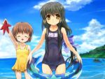  2girls armpits beach black_hair brown_eyes brown_hair child clannad closed_eyes highres ibuki_fuuko innertube long_hair multiple_girls mutsuki_(moonknives) okazaki_ushio one-piece_swimsuit school_swimsuit short_hair smile starfish swimsuit wet 