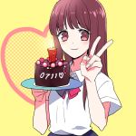  1girl bangs brown_eyes cake food gum_(gmng) happy_birthday heart heart_background long_hair sayono-kun school_uniform seitokaichou_to_sayono-kun v 
