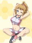  1girl arms_behind_head bike_shorts blue_eyes breasts brown_hair gundam gundam_build_fighters gundam_build_fighters_try hoshino_fumina indian_style kingetsu_mikoto midriff navel one_eye_closed ponytail short_hair sitting solo sports_bra 