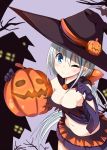  1girl blue_eyes blush breasts cape cleavage cowboy_shot hako_roku halloween hat highres jack-o&#039;-lantern long_hair midriff navel original ponytail purple_gloves silver_hair skirt smile solo very_long_hair witch witch_hat 