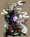  1girl :p baat blue_eyes cosplay halloween hat hitodama inaho_(inaho777) jack-o&#039;-lantern moon silver_hair solo thigh-highs tongue tongue_out touhou witch witch_hat 