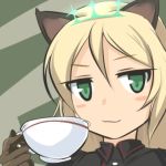  1girl :3 animal_ears blonde_hair blush_stickers brown_gloves bust cat_ears cup gloves green_eyes heinrike_prinzessin_zu_sayn-wittgenstein hirschgeweih_antennas holding long_hair lowres military military_uniform momio smug solo strike_witches teacup uniform 