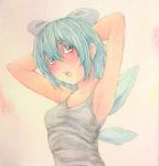  1girl acrylic_paint_(medium) armpits arms_behind_head blue_eyes blue_hair blush bow bust cirno contemporary graphite_(medium) hair_bow highres ice ice_wings looking_back open_mouth short_hair solo tank_top touhou traditional_media watercolor_(medium) wings yuyu_(00365676) 