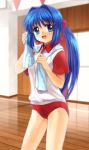  blue_eyes blue_hair buruma gym_uniform highres kanon long_hair minase_nayuki mutsuki_(moonknives) ponytail ribbon smile towel 