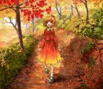  1girl aki_shizuha autumn autumn_leaves blonde_hair blush brown_eyes bush forest gradient_clothes hair_ornament happy hill leaf maple_leaf nature open_mouth path road scenery shiratama_(hockey) short_hair skirt skirt_set smile solo touhou tree walking 