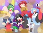  5girls animal_ears asymmetrical_wings black_hair black_legwear blue_eyes blue_hair bow cape chibi disembodied_head dress fang green_eyes green_hair hair_bow halloween hat heterochromia hiyori_(higanahannnti) houjuu_nue jack-o&#039;-lantern jiangshi karakasa_obake kasodani_kyouko long_sleeves miyako_yoshika multiple_girls ofuda open_mouth outstretched_arms pumpkin red_eyes redhead sekibanki short_hair skirt smile tatara_kogasa tongue touhou umbrella wings zombie_pose 