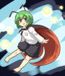  1girl antennae barefoot blue_eyes blush cape collared_shirt eyebrows fireflies green_hair legs looking_at_viewer open_mouth s_katsuo short_hair shorts solo thick_eyebrows touhou wriggle_nightbug 