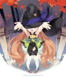 1girl arms_up brown_hair comet_(teamon) dress halloween hat hat_over_eyes long_hair looking_at_viewer open_mouth original pigeon-toed pink_hair porch shoes sneakers solo standing thigh-highs very_long_hair white_legwear witch_hat 