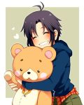  1girl ahoge closed_eyes hoodie idolmaster kikuchi_makoto restaint simple_background smile stuffed_animal stuffed_toy teddy_bear 