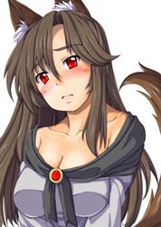  1girl animal_ears bare_shoulders blush breasts brooch brown_hair cleavage collarbone highres imaizumi_kagerou jewelry long_hair looking_at_viewer memento_mori_(m.m) red_eyes simple_background solo tail touhou white_background wolf_ears wolf_tail 