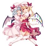  2girls bat_wings blonde_hair blue_hair crystal family flandre_scarlet frills hat hat_ribbon high_heels looking_at_viewer mary_janes mob_cap moneti_(daifuku) multiple_girls one_eye_closed open_mouth ponytail puffy_sleeves red_eyes remilia_scarlet ribbon sash shirt shoes short_hair short_sleeves siblings side_ponytail simple_background sisters skirt skirt_set thigh-highs touhou vest white_background white_legwear wings wrist_cuffs zettai_ryouiki 
