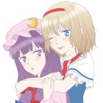  2girls alice_margatroid blonde_hair blue_eyes blush bust capelet crescent hair_ribbon hairband hat hug hug_from_behind long_hair multiple_girls one_eye_closed open_mouth patchouli_knowledge purple_hair ribbon short_hair smile tongue tongue_out touhou udon_(shiratama) violet_eyes 