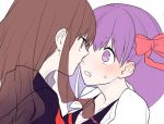  2girls blush bow breasts brown_eyes brown_hair cleavage eye_contact fate/extra fate_(series) gum_(gmng) hair_bow kishinami_hakuno_(female) long_hair looking_at_another matou_sakura multiple_girls purple_hair ribbon sweatdrop 