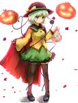  1girl cape green_eyes green_hair halloween hat highres jack-o&#039;-lantern komeiji_koishi kotou_(ko-tou) pumpkin short_hair skirt smile solo touhou 