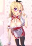  :o adjusting_glasses apron arm_support black_legwear blonde_hair blush breasts cleavage glasses hairband highres looking_at_viewer maid maid_apron open_mouth original pantyhose ribbon ririko_(zhuoyandesailaer) short_sleeves violet_eyes wrist_cuffs 